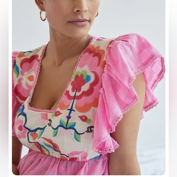 Plenty by Tracy Reese Anthropologie Pink Embroidered Babydoll Ruffle Top. - Picture 2 of 6